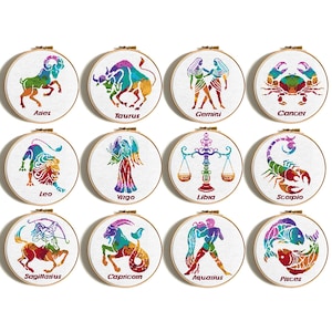 Set of 12 zodiac cross stitch, Horoscope,Aries, Taurus, Gemini, Cancer, Leo, Virgo, Libra, Scorpio, Sagittarius, Capricorn, Aquarius, Pisces