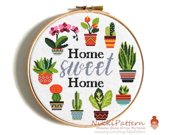 Home sweet home cross stitch pattern, Modern cacti counted cross stitch, Tiny cross stitch Small embroidery design, instant download PDF