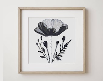 Poppy cross stitch pattern PDF, Monochrome modern Floral, Poppies embroidery, minimalist flowers, Wildflower, Digital Instant download PDF