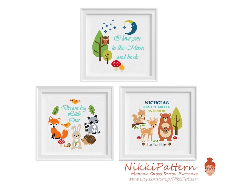 Birth Announcement Cross Stitch Pattern Woodland Animals Etsy