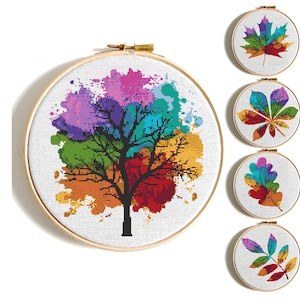Colorful Tree and Leaf Cross Stitch Patterns, Four Seasons Embroidery (PDF Pattern)