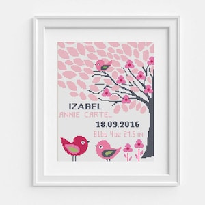 Birth Announcement with birds Cross Stitch Pattern PDF – Custom Baby Name and Date, Baby girl room decor,Personalized name, Instant download