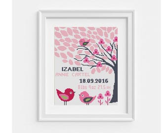 Birth Announcement with birds Cross Stitch Pattern PDF – Custom Baby Name and Date, Baby girl room decor,Personalized name, Instant download