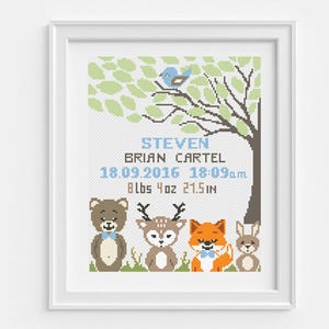 Geburtsanzeige Kreuzstich Stickmuster, niedlicher Fuchs, Bär, Hase, Vogel, Reh, personalisierte Baby Name, benutzerdefinierter Name, moderne einfache Stickerei