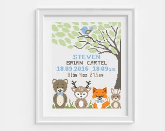 Birth announcement cross stitch pattern, Cute fox, bear, bunny, bird, deer, Personalized baby name, Custom name, Modern easy embroidery