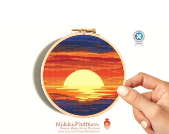 Sunset cross stitch pattern Sunrise landscape Sun and ocean modern cross stitch Nature