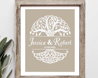 Wedding modern cross stitch pattern, Anniversary DIY gift, Monochrome mandala tree, Personalized, Custom name with alphabet Digital download