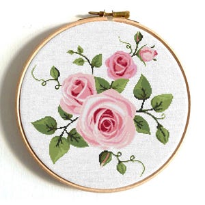 Rose cross stitch pattern, Pink flowers set, Nature embroidery chart , Modern flower design, Digital Instant download PDF
