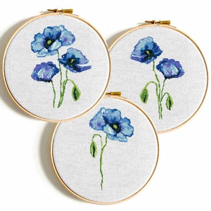 Poppy flower modern cross stitch pattern PDF Blue poppies watercolor cross stitch bundle Floral counted cross stitch Easy Poppy flower chart image 5