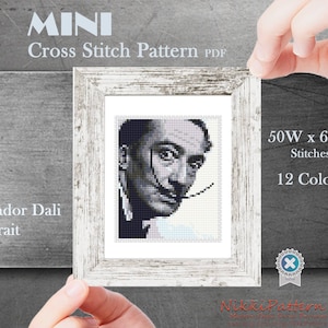 Mini cross stitch pattern Modern tiny art - Salvador Dali Portrait - Famous art Tiny miniature picture painting Small canvas art Easy PDF