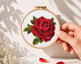 Rose flower mini cross stitch pattern, Birth month flowers easy embroidery, Spring Floral sampler, Small x-stitch, Instant download PDF