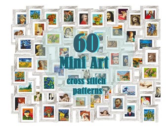 60 Mini art Cross Stitch Patterns PDF, Mini masterpieces, Van Gogh, Starry Night, Vermeer, Monet, Renoir, Degas. Tiny Famous Paintings