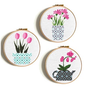 Floral Cross Stitch Pattern Set, Tulips and orchid in a geometric pots, Pink flowers, PDF Instant Download