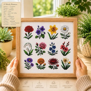 Kruissteekpatroon geboortemaand bloem, 12 eenvoudige miniborduurontwerpen, seizoensbloemen lente, zomer en herfst, Instant download pdf
