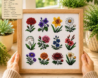Birth Month Flower cross stitch pattern, 12 easy mini embroidery designs, spring, summer, and autumn season flowers, Instant Download PDF