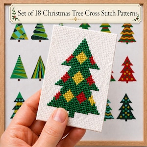 May include: A hand holds a small, cross-stitched Christmas tree pattern with green, red, and yellow details. The background features a framed collection of 18 different Christmas tree cross-stitch patterns. The text at the top reads "Set of 18 Christmas Tree Cross Stitch Patterns."