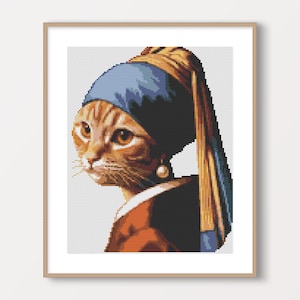 Cat with a Pearl Earring Cross Stitch Pattern, Funny Animal Art, Modern Cat Embroidery PDF, Digital Download, Vermeer Cat Parody Wall Decor