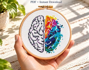Mini-hersenen kruissteekpatroon, kleurrijk anatomisch ontwerp (PDF-download)