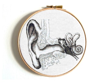 May include: A cross-stitch embroidery of a detailed anatomical illustration of the human ear, with the outer, middle, and inner ear structures visible. The embroidery is framed in a round wooden hoop.