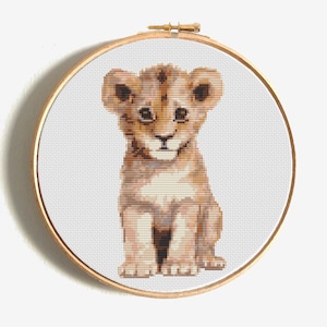Lion Cross Stitch Pattern, Cute Safari Baby Lion, Funny Wild Cat, Easy Beginner Embroidery, Mini handmade PDF Digital Download