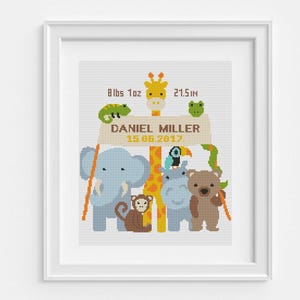 Birth announcement cross stitch pattern, Cute elephant, giraffe, monkey, snake, bear, Personalized baby name, Nursery decor, Easy embroidery