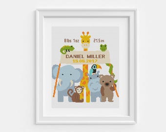 Birth announcement cross stitch pattern, Cute elephant, giraffe, monkey, snake, bear, Personalized baby name, Nursery decor, Easy embroidery