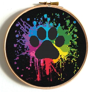 Paw Cross Stitch Pattern Colorful watercolor modern counted cross stitch PDF pattern Rainbow Dog paw hand embroidery