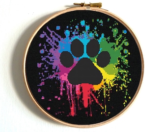 Paw Cross Stitch Pattern Colorful watercolor modern counted cross stitch PDF pattern Rainbow Dog paw hand embroidery