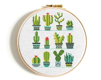Modern cactus-kruissteekpatroon pdf, sappige sampler, planten kruissteek, eenvoudige borduurkaart voor beginners, directe download