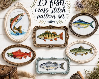 15 Fish Cross Stitch Patterns PDF Bundle, Rainbow Trout, Salmon Tuna Embroidery Designs, Fishing and Angler Gift, Instant Digital Download