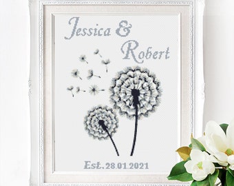Wedding modern cross stitch pattern, Dandelions embroidery, Personalized name, Love anniversary wedding gift, Digital instant download PDF