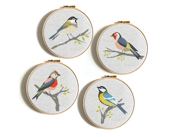 Birds cross stitch pattern, Set of 4 cute singing birds, Modern home decor, animals embroidery, easy DIY gift, Digital instant download PDF