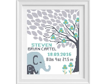 Birth Announcement modern cross stitch pattern, Girl Boy nursery, DIY new baby gift, counted cross stitch PDF