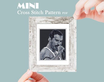 Freddie Mercury mini cross stitch pattern, Modern tiny portrait, Queen singer, Tiny miniature picture painting, Digital instant download