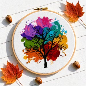 Tree cross stitch pattern, Four seasons tree, Colorful watercolor tree, Funny hand embroidery, Instant download PDF