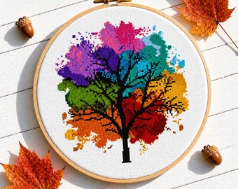 Tree cross stitch pattern, Four seasons tree, Colorful watercolor tree, Funny hand embroidery, Instant download PDF