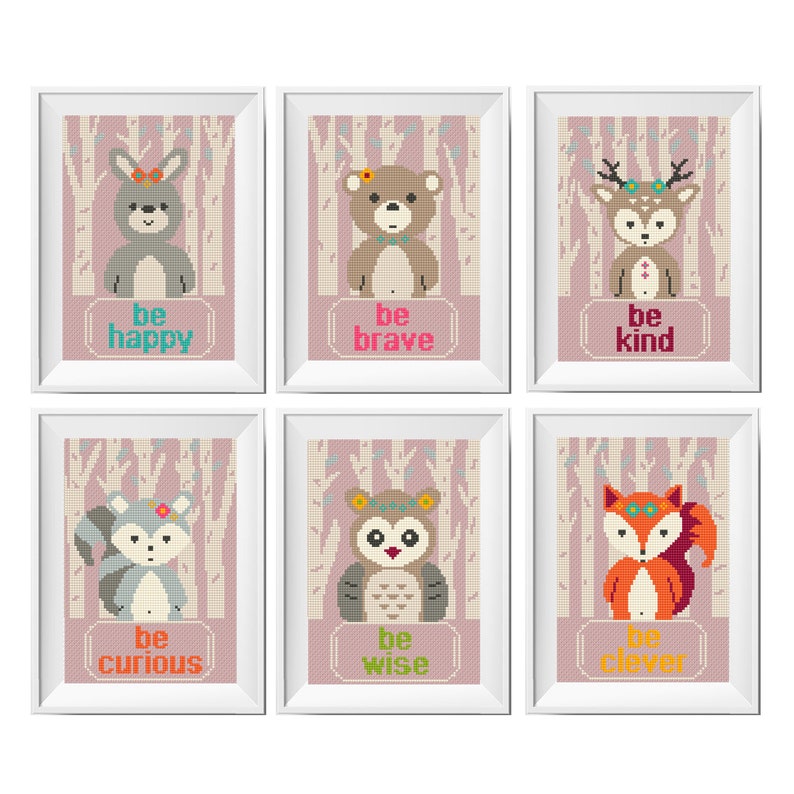 Baby Cross Stitch Pattern Woodland Animals Set Baby Shower Gift Be Clever Be Brave Be Kind Nursery Embroidery Set Fox Bear Bunny Deer Diy Kits How To Craft Supplies Tools