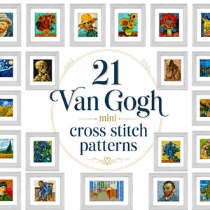 21 Mini Van Gogh Cross Stitch Patterns. Starry Night, Sunflowers, Irises. Small famous painting. Tiny art design.
