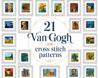21 Mini Van Gogh Cross Stitch Patterns. Starry Night, Sunflowers, Irises. Small famous painting. Tiny art design.
