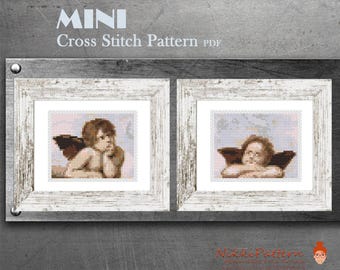 Patrón de punto de cruz para miniarte, La Madonna Sixtina, Rafael, Querubines y Ángeles - por Raffaello, Arte famoso, Pintura en miniatura, PDF digital