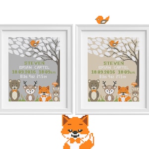 Geburtsanzeige Kreuzstich Stickmuster, niedlicher Fuchs, Bär, Hase, Vogel, Reh, personalisierte Baby Name, benutzerdefinierter Name, moderne einfache Stickerei
