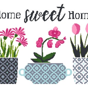 Home sweet home cross stitch pattern, Tulips and orchid in geometric pots, Botanical embroidery Set, Plant embroidery, Instant download image 3