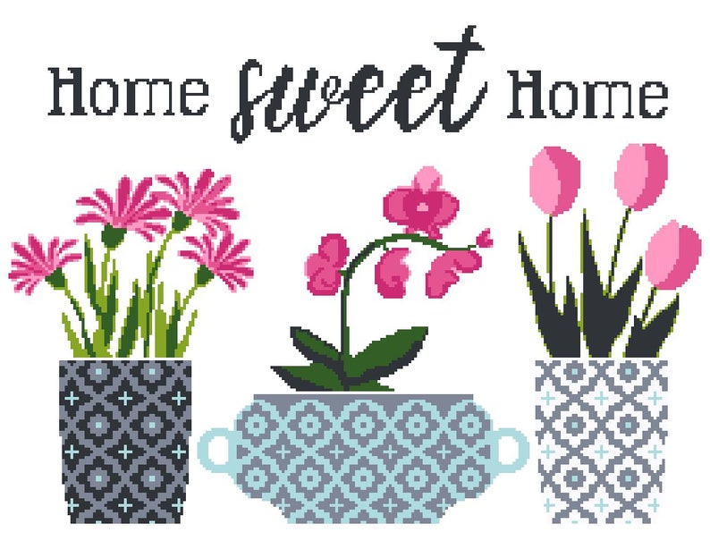 Home sweet home cross stitch pattern, Tulips and orchid in geometric pots, Botanical embroidery Set, Plant embroidery, Instant download image 3