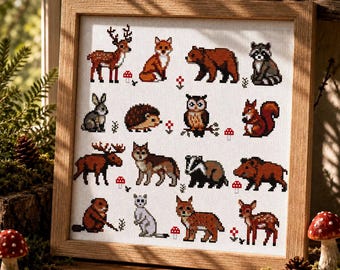Woodland Animal Cross Stitch Pattern Set of 16, Deer, Fox, Bear, Raccoon, Rabbit, Hedgehog, Owl, Wolf, Badger, Fox, Forest Wildlife Decor