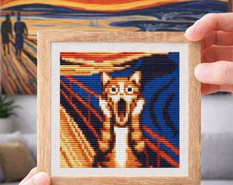 Grappig mini-kunstwerkje voor kruissteek, De Schreeuw, Schreeuwende rosse kat, Klein, beroemd schilderij van Edward Munch, Digitale PDF direct te downloaden
