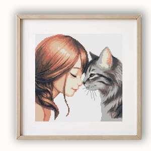 Girl and Cat Cross Stitch Pattern PDF | Woman and Cat Touch Noses | Easy Small Embroidery | Gift for Cat Lovers | Instant Download