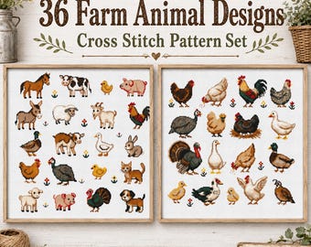 Farm Animal Cross Stitch Pattern Bundle, 36 Rustic Farm Designs PDF, Chicken & Poultry Bundle: Rooster Hen Goose Duck, Country birds