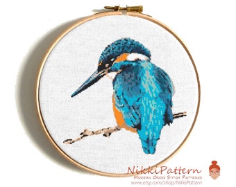 Blue Kingfisher cross stitch pattern Modern embroidery art Watercolor bird cross stitch chart Counted cross stitch PDF Instant download