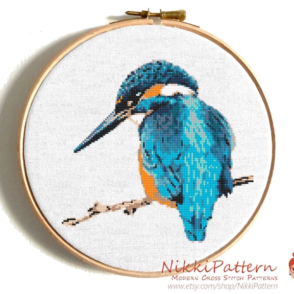 Blue Kingfisher cross stitch pattern Modern embroidery art Watercolor bird cross stitch chart Counted cross stitch PDF Instant download