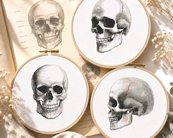 Könnte beinhalten: Vier Stickrahmen mit Schädelmotiven in Graustufen. Die Schädel sind detailliert schattiert. Die Rahmen liegen auf einer Vintage-Buchseite mit einer Schädelillustration und dem Text "THE SKULL".